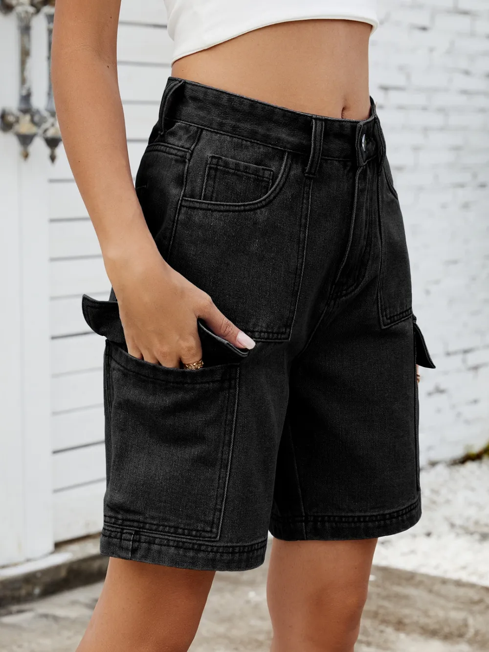 High Waist Denim Shorts with Cargo Pockets, image 12