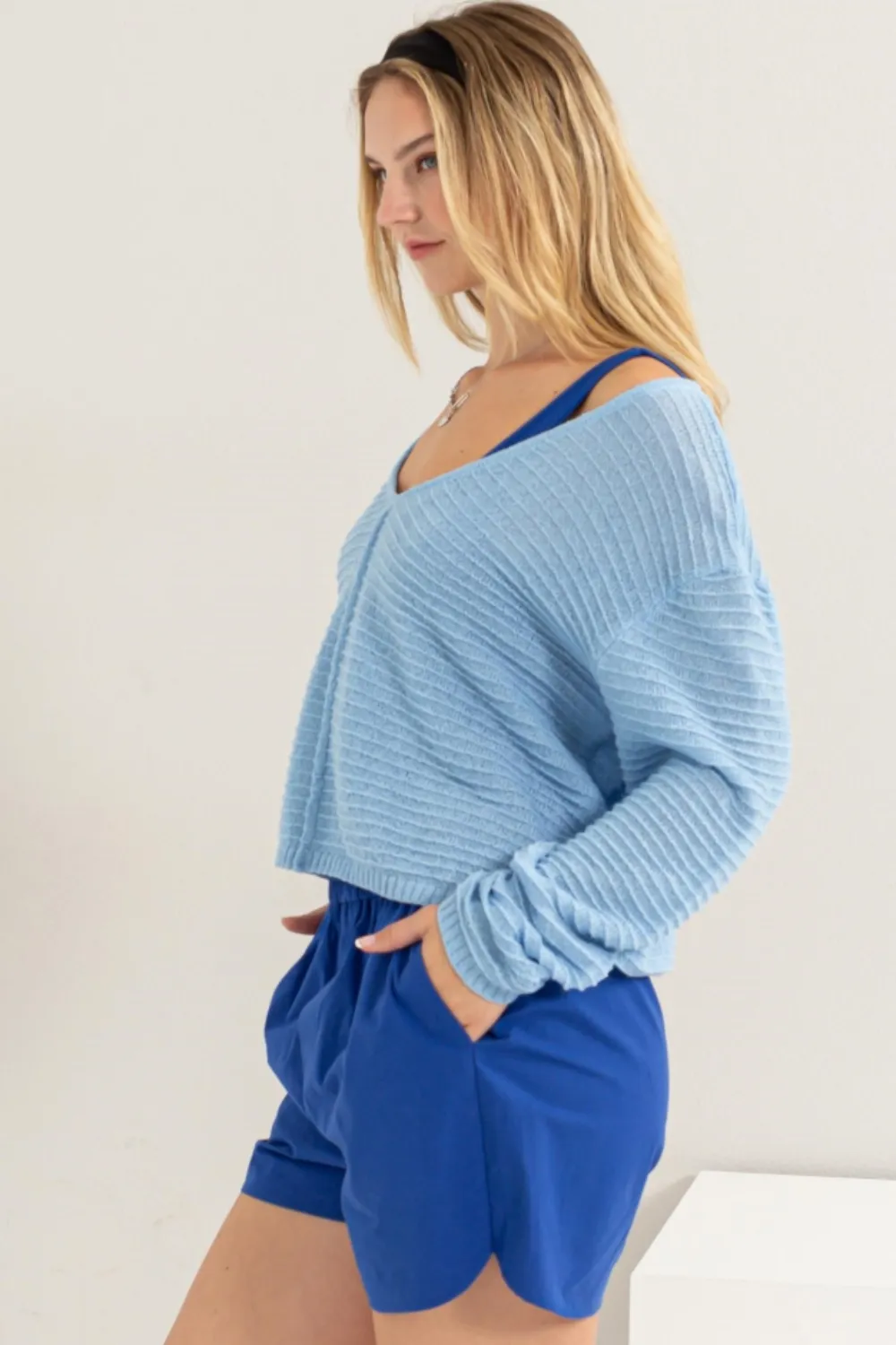 V-Neck Stripe Texture Long Sleeve Top, image 3