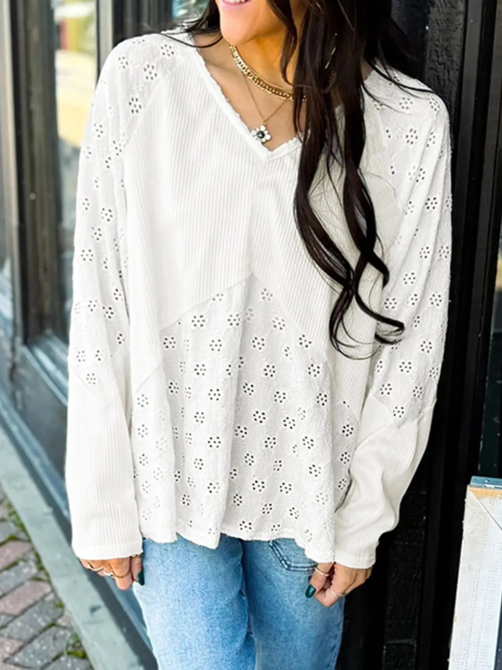Eyelet Embroidered Loose V Neck Long Sleeve Top, image 6