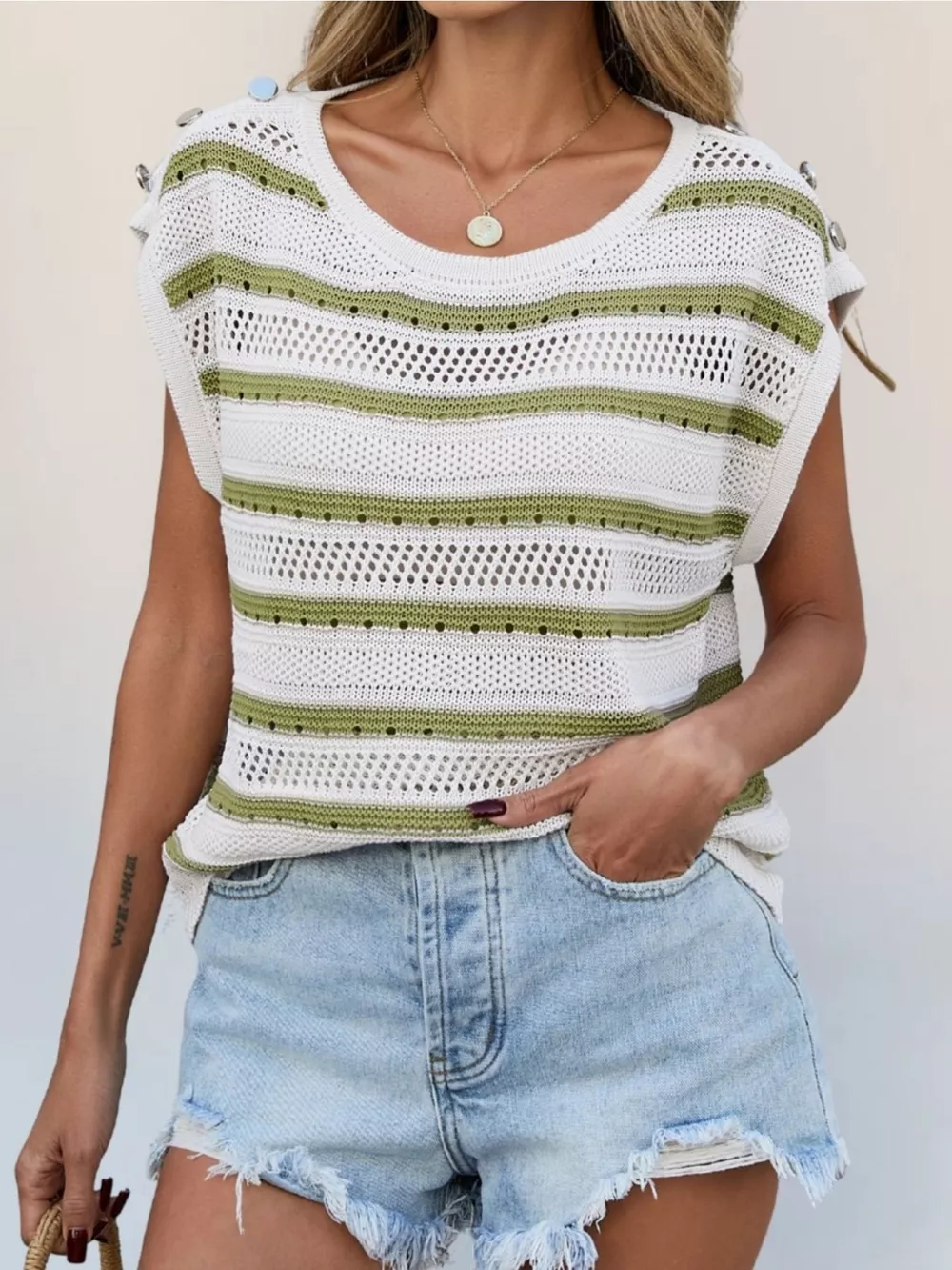 Openwork Round Neck Cap Sleeve Knit Top, image 6