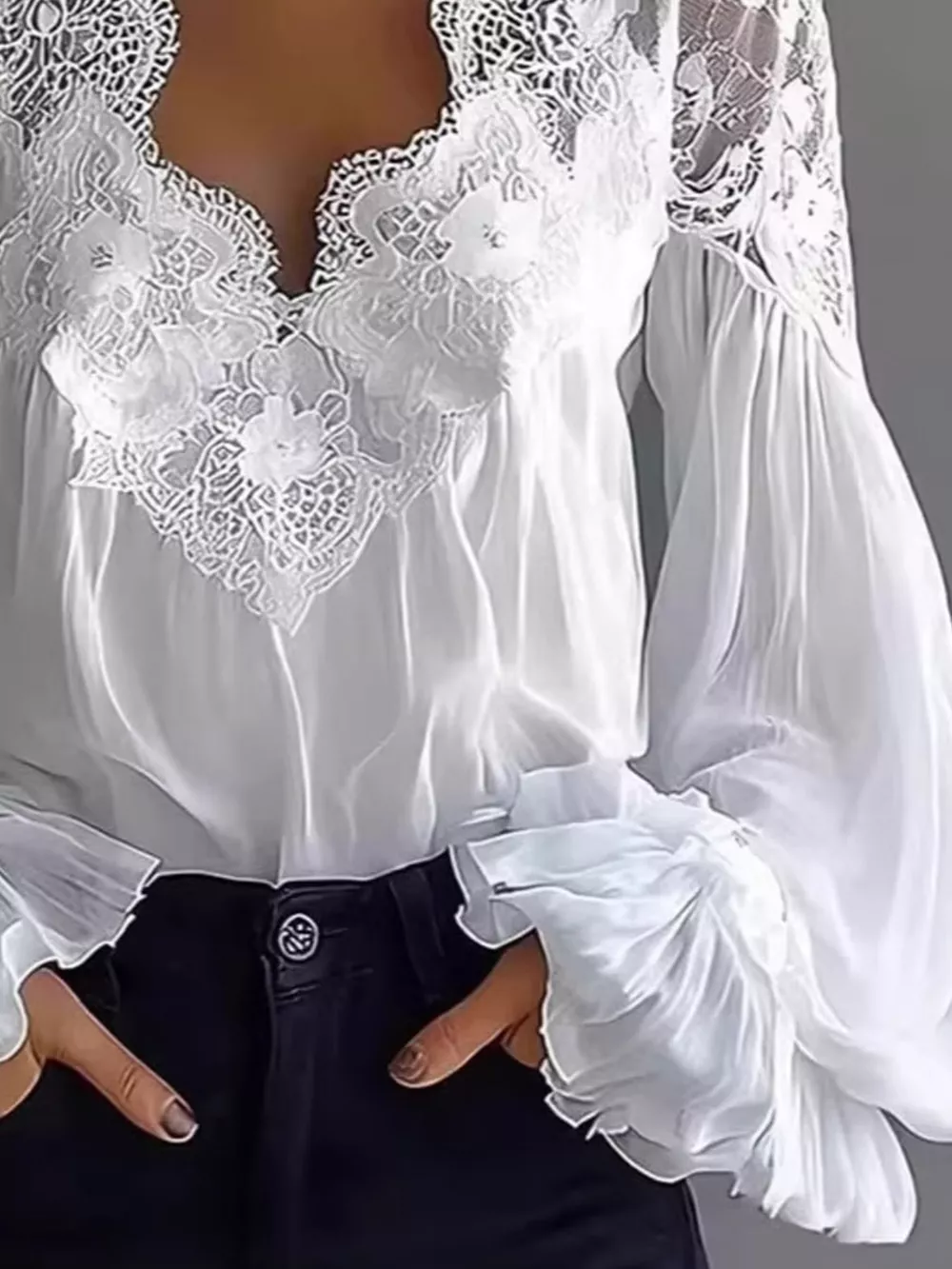 Full Size Lace V-Neck Flounce Sleeve Blouse Plus Size, image 5