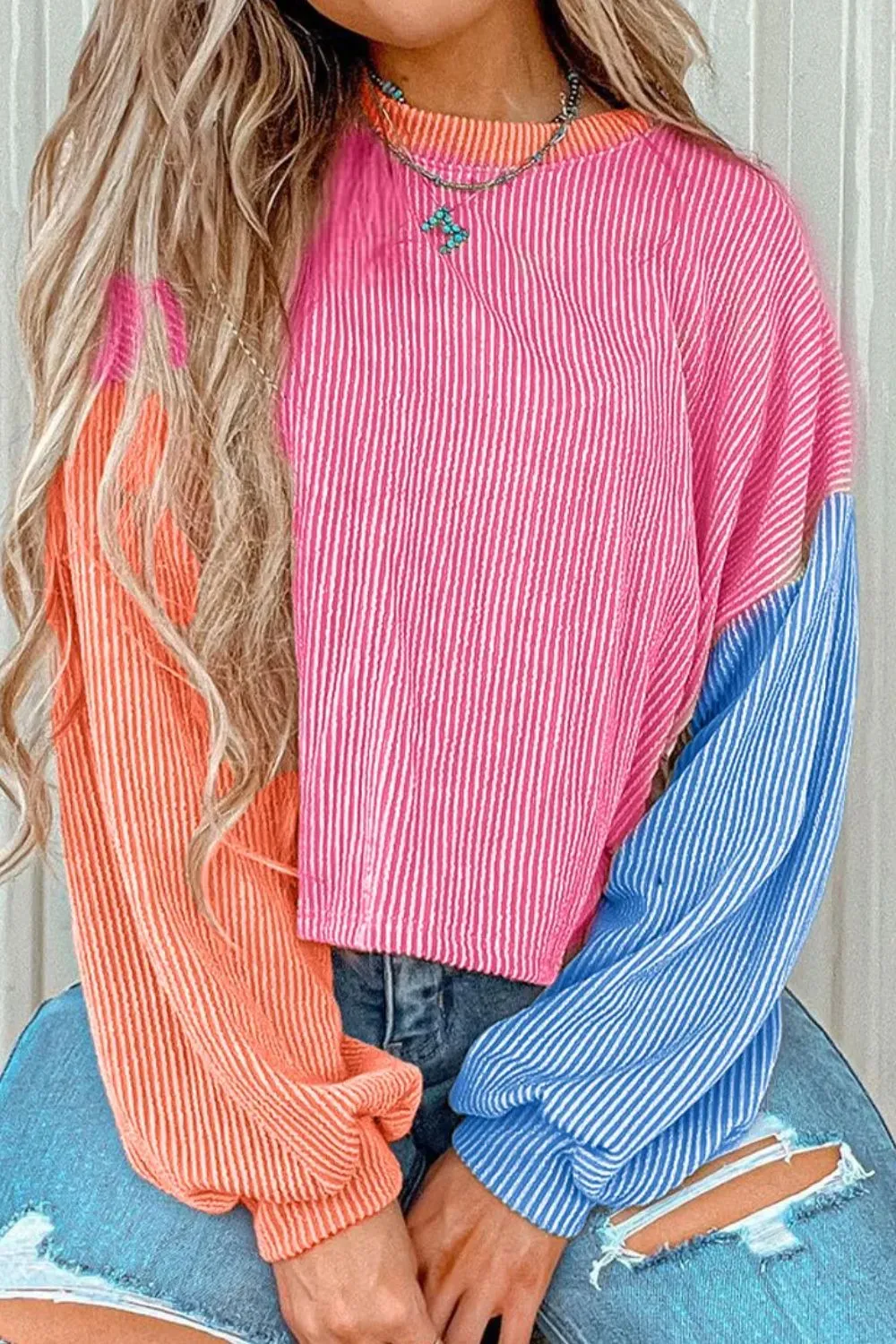 Color Block Round Neck Long Sleeve Top, image 9