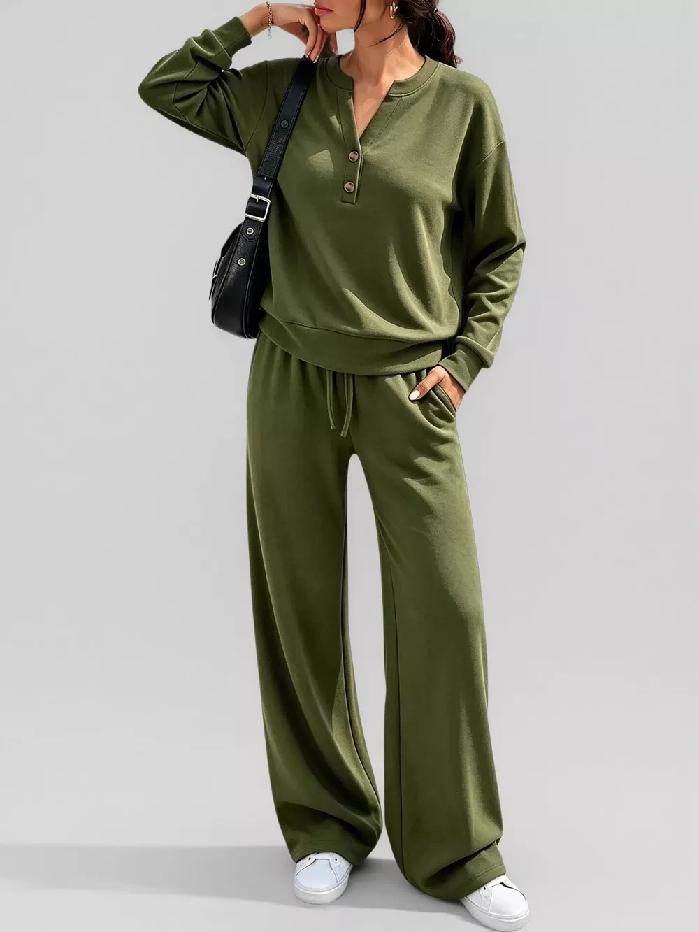Button Detail Dropped Shoulder Top and Pants Set, image 18