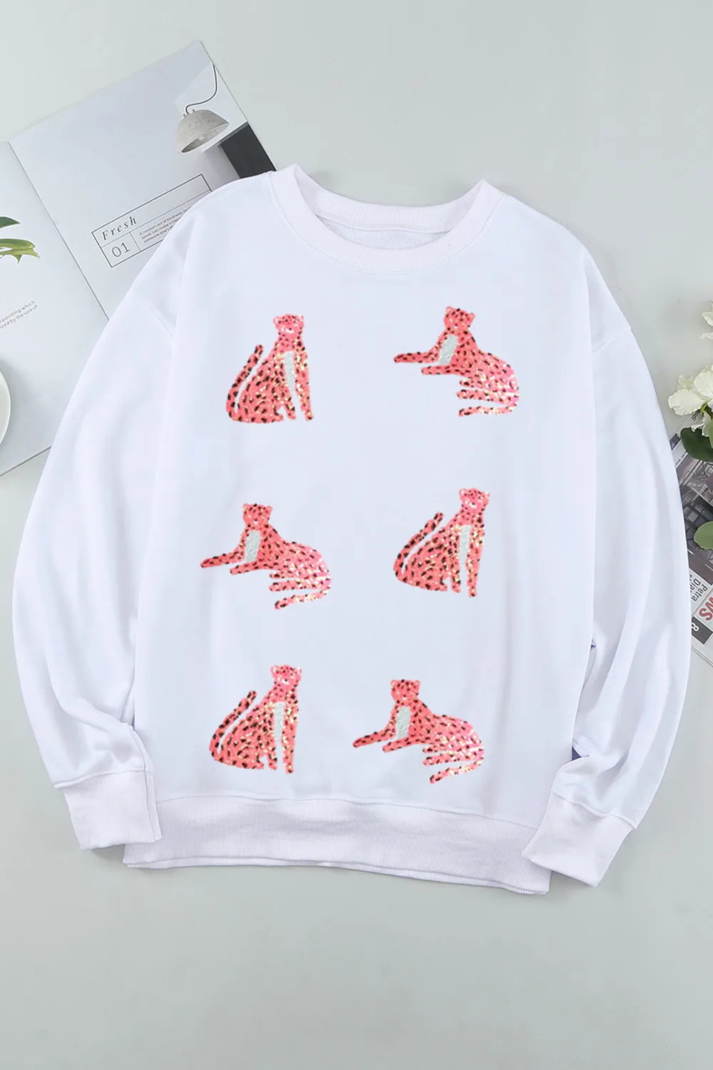 Leopard Round Neck Long Sleeve Sweatshirt, image 4