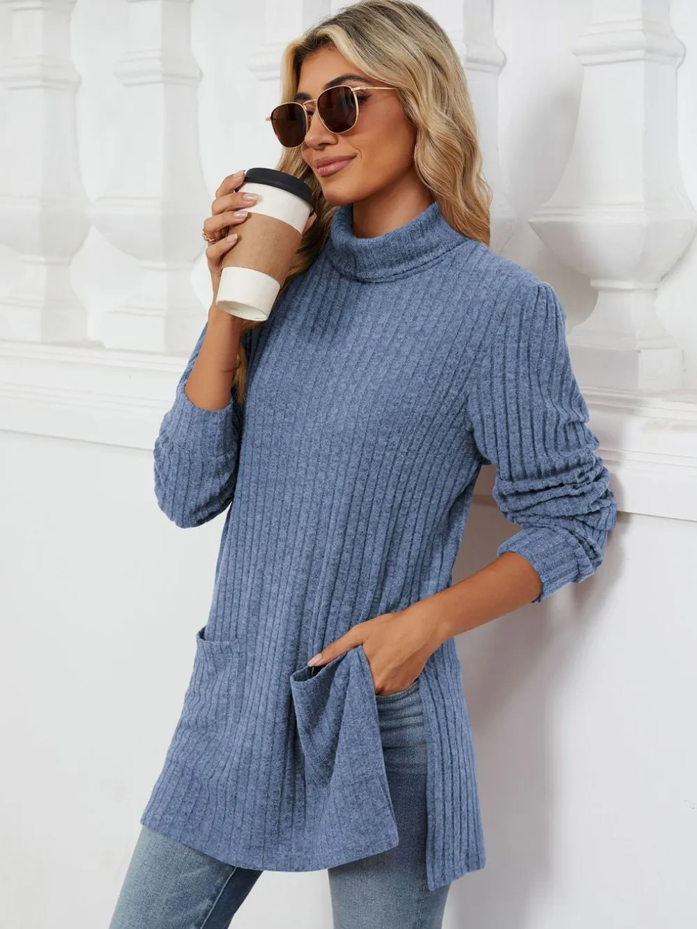 Slit Mock Neck Long Sleeve T-Shirt, image 2