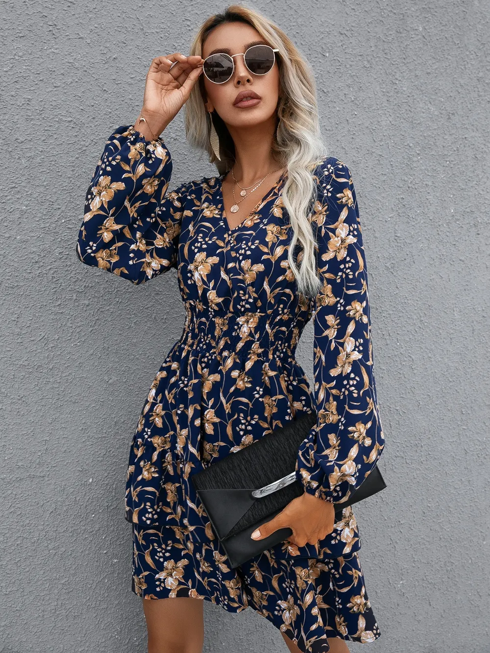 Floral Layered Surplice Balloon Sleeve Dress, image 2