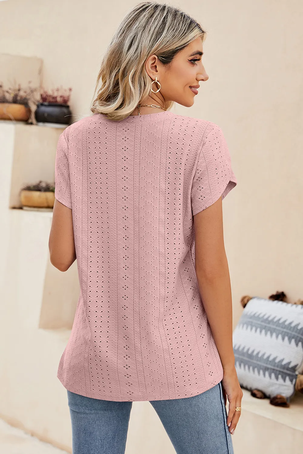 Eyelet V-Neck Petal Sleeve T-Shirt, image 24