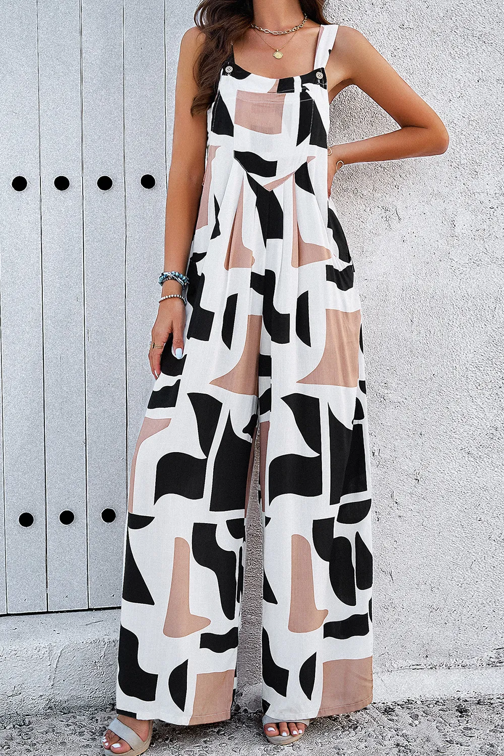 Printed Wide Strap Jumpsuit with Pockets, image 17