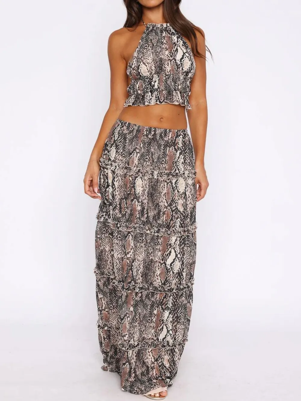 Halter Crop Backless Top and Maxi Skirt Set
