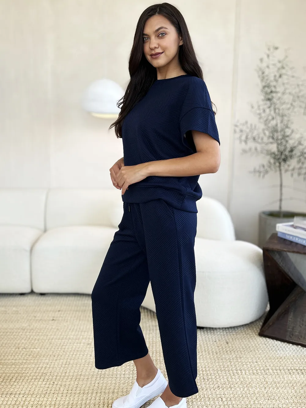 Full Size Texture Short Sleeve Top and Pants Set, image 24