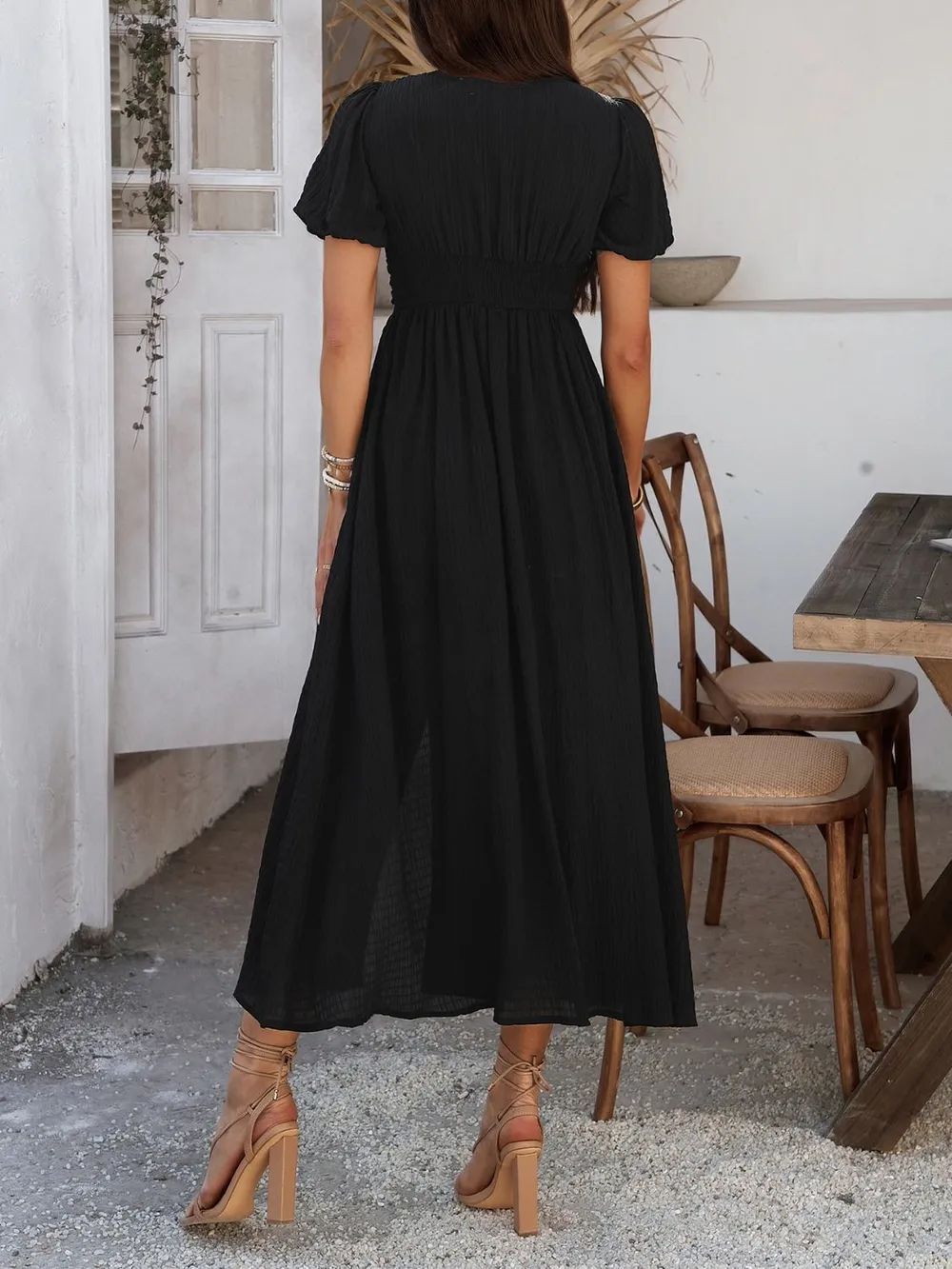 V-Neck Puff Short Sleeve Midi Dress, image 27