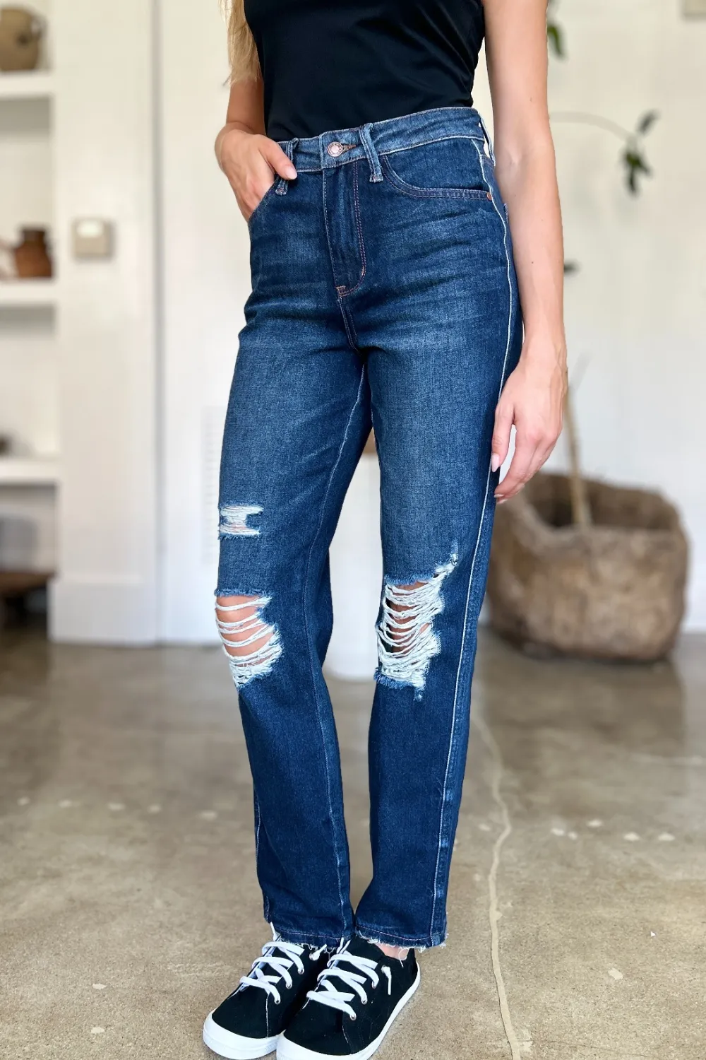Full Size High Waist Rigid Magic Heavy Destroy Straight Jeans, image 13