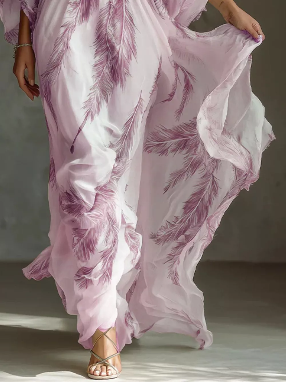 Full Size Feather Print V-Neck Flowy Maxi Dress Plus Size, image 12