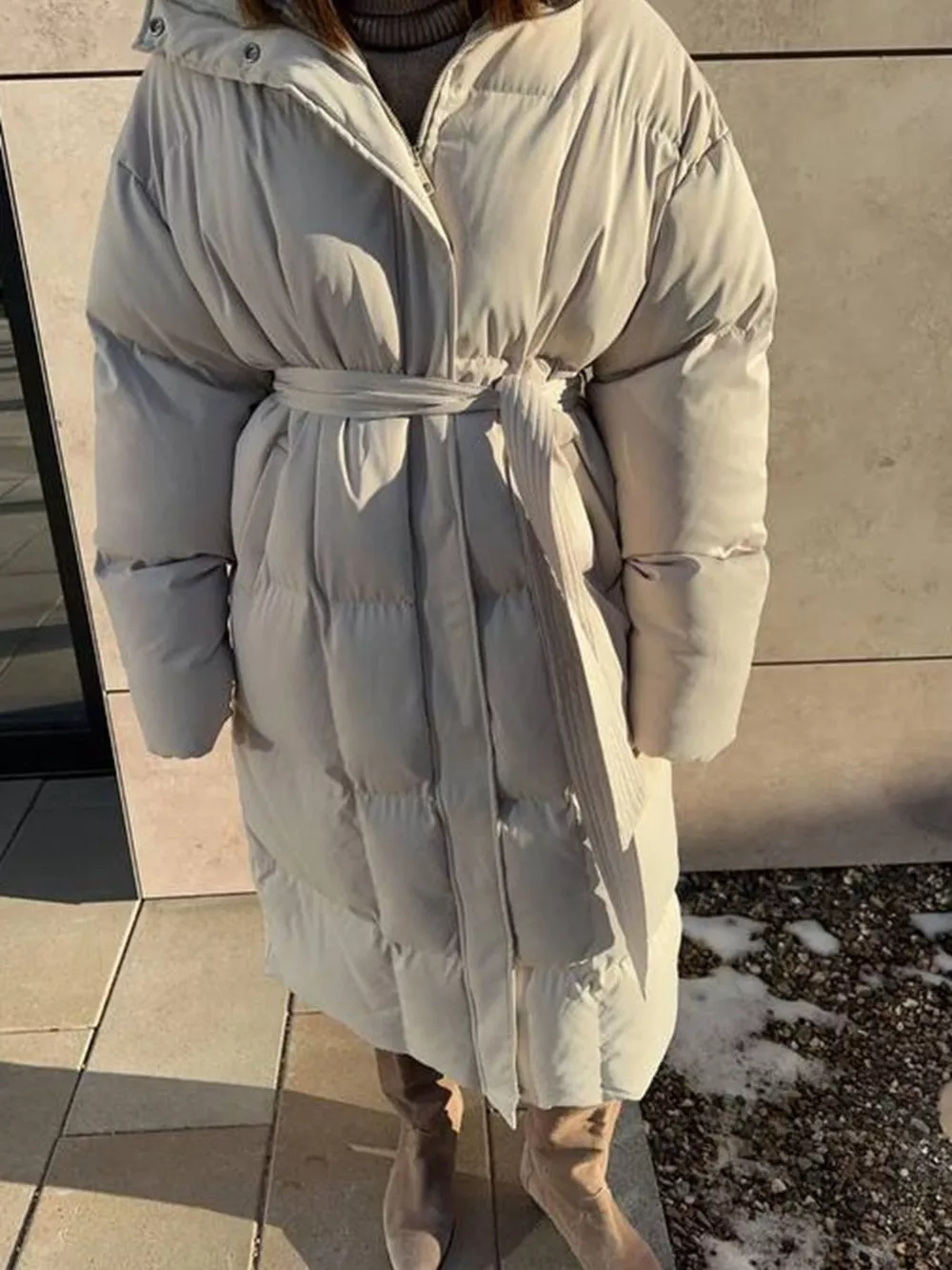 Longline Padded Winter Coat with Belted, image 8