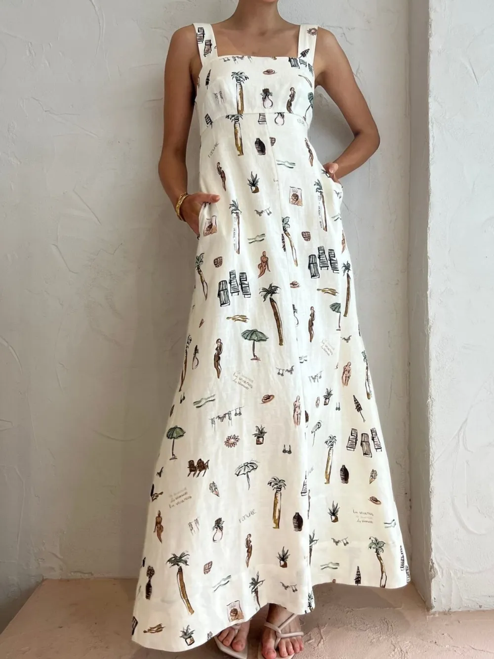 Printed Square Neck Maxi Cami Dress with Pocket, image 2