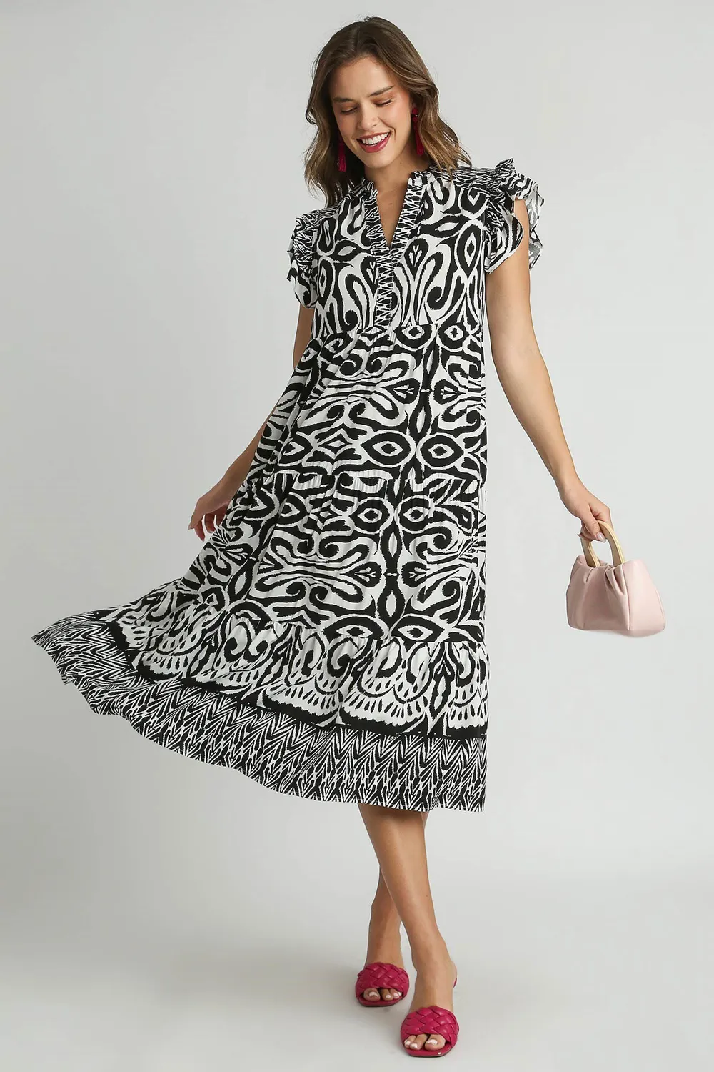Full Size Two Tone Border Print Ruffle Cap Sleeve Midi Dress Plus Size, image 6
