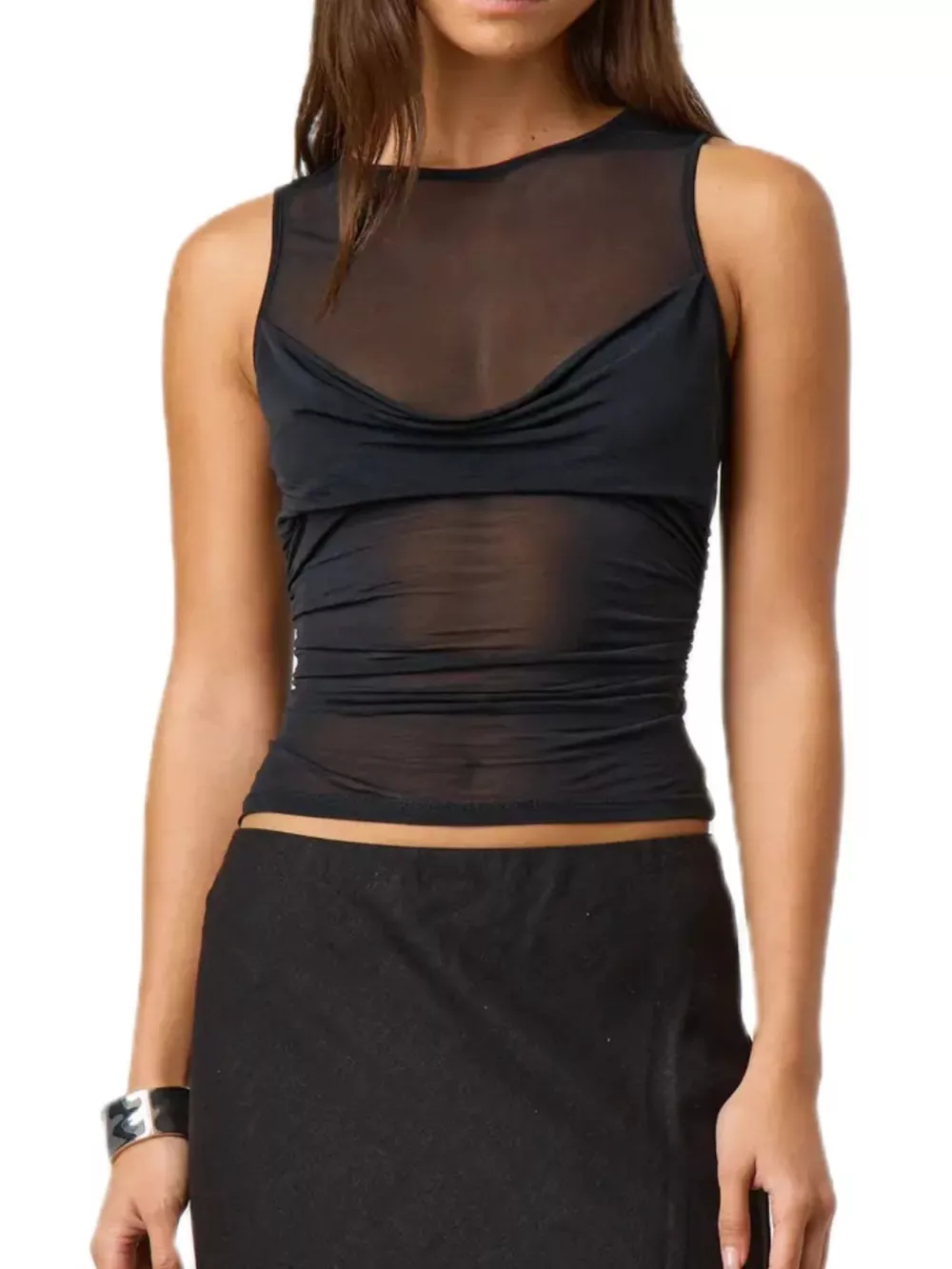 Ruched Sheer Round Neck Tank, image 3