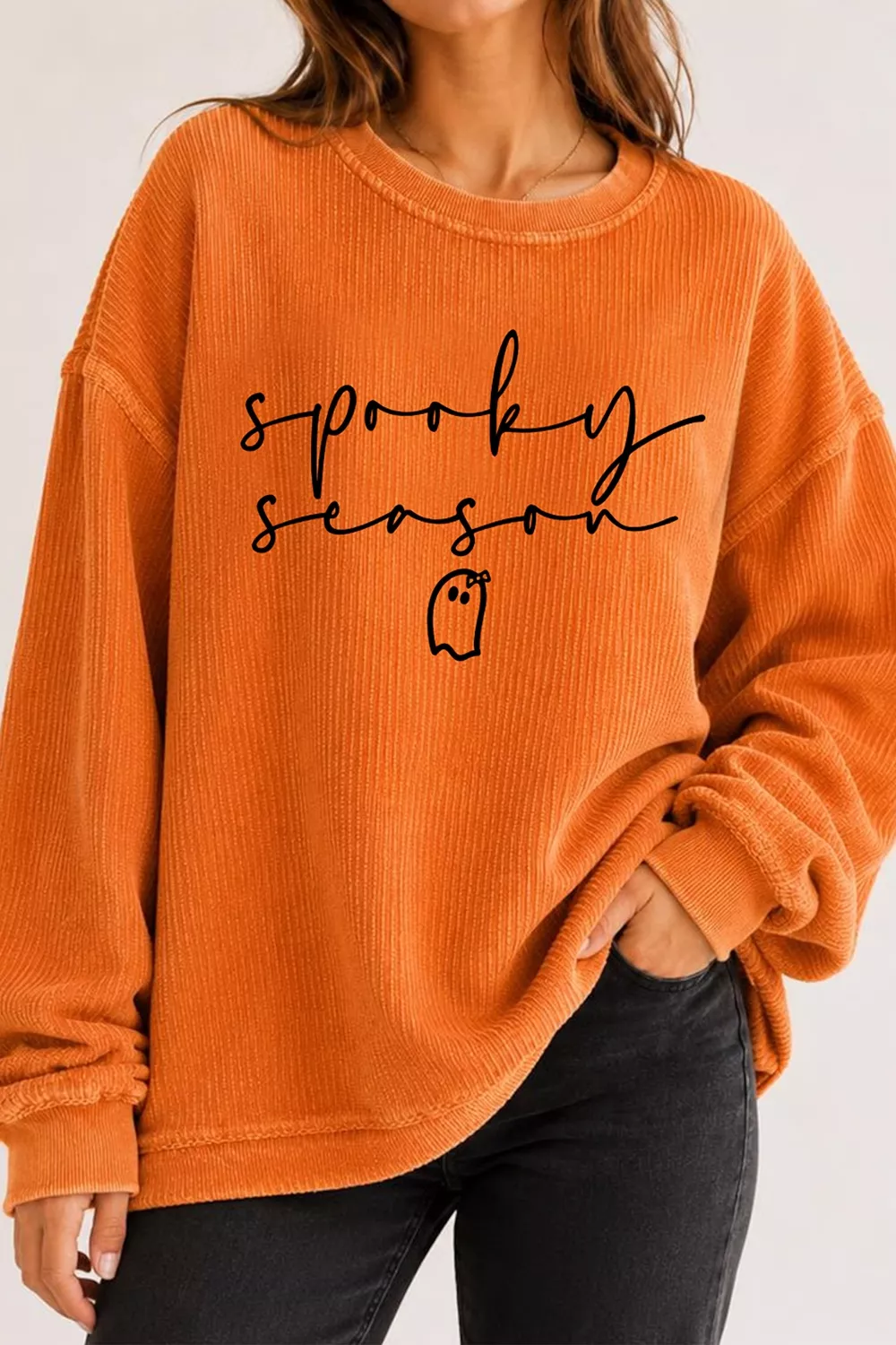 Spooky Season Ghost Letter Cozy Ribbed Pullover Sweatshirt, image 5
