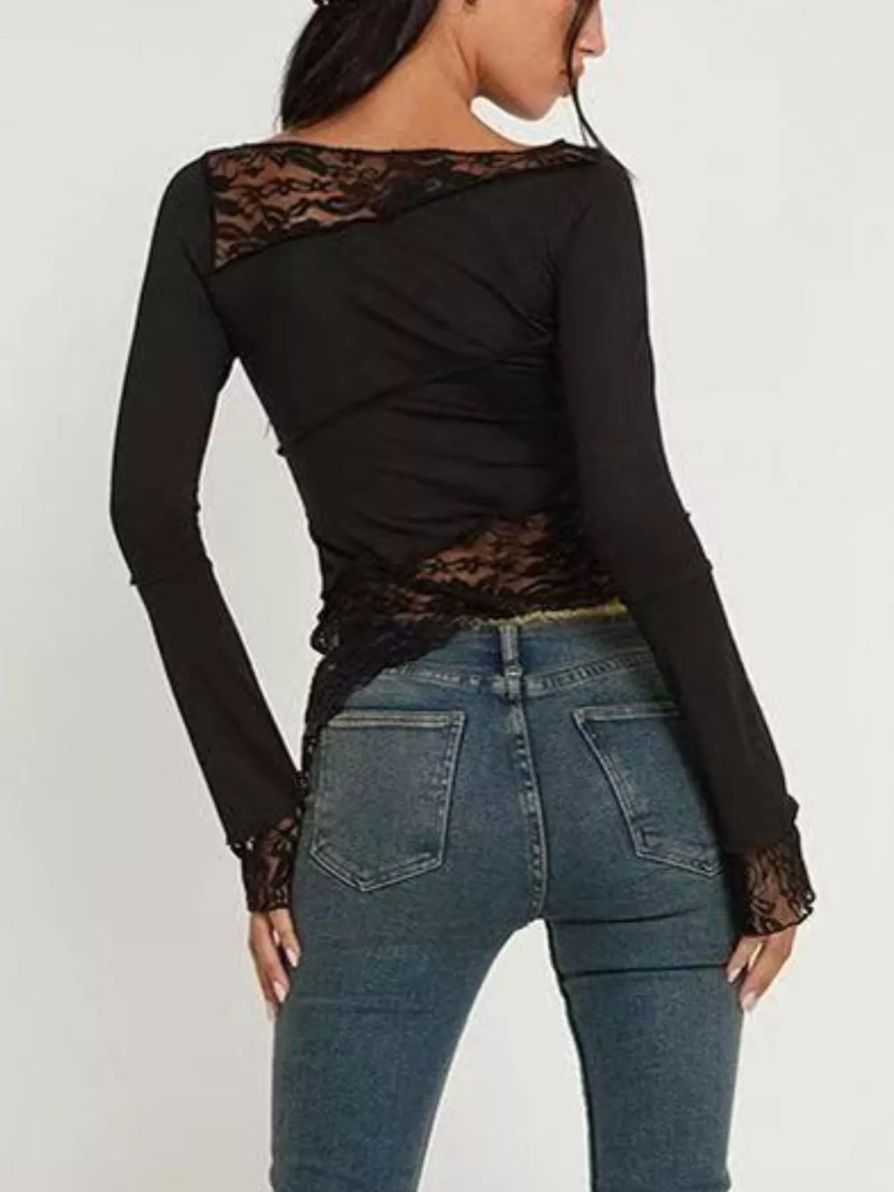 Asymmetrical Lace Trim Long Sleeve T-Shirt, image 2