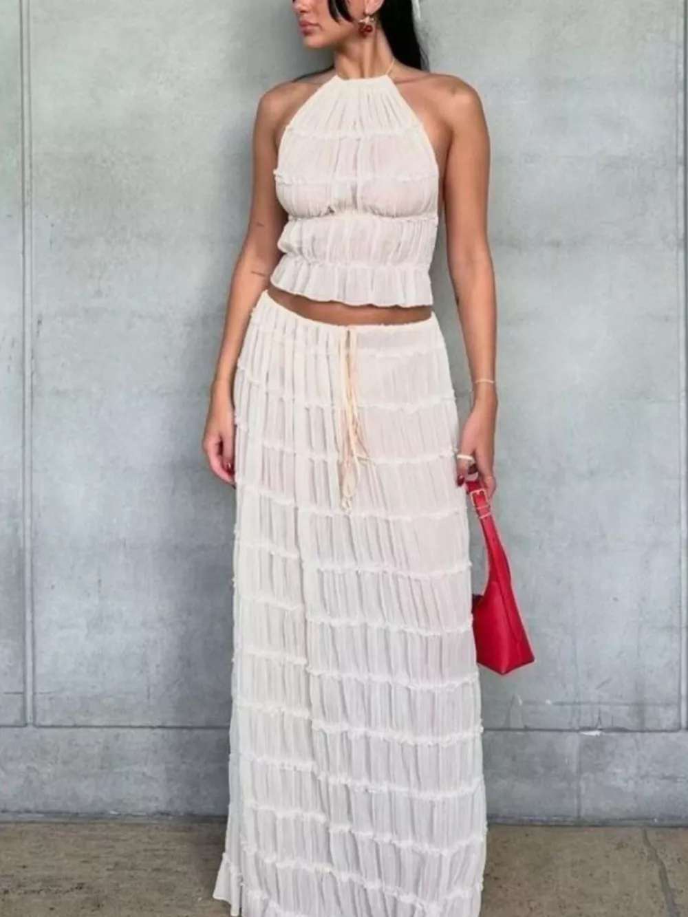 Boho Chic Ruffled Halter Crop Top and Maxi Skirt Set, image 14