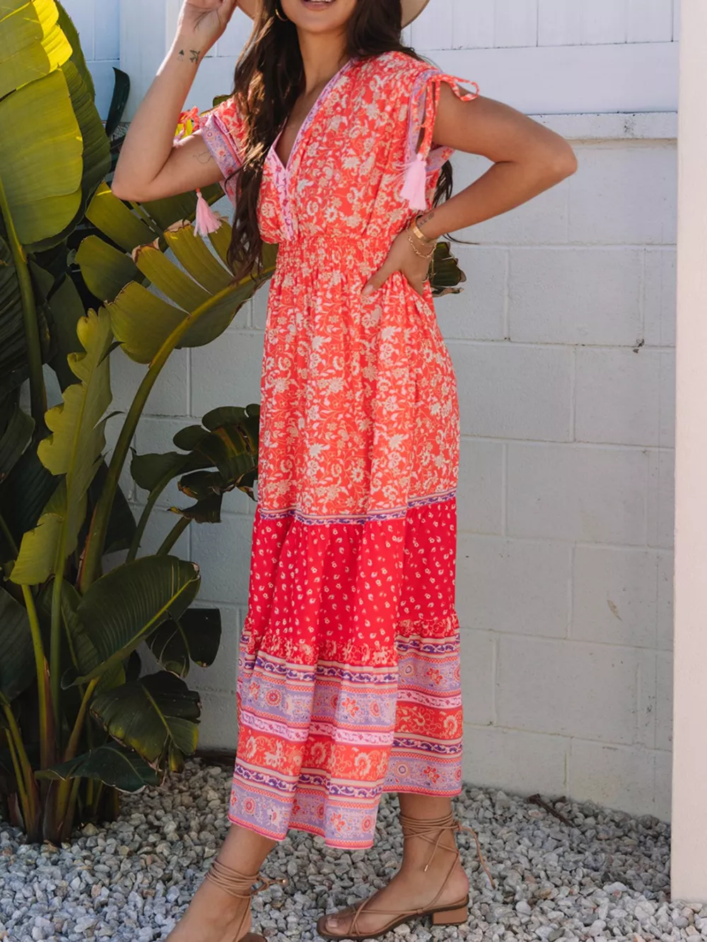 Floral Print Tasseled Tied Sleeve Empire Waist Dress, image 4
