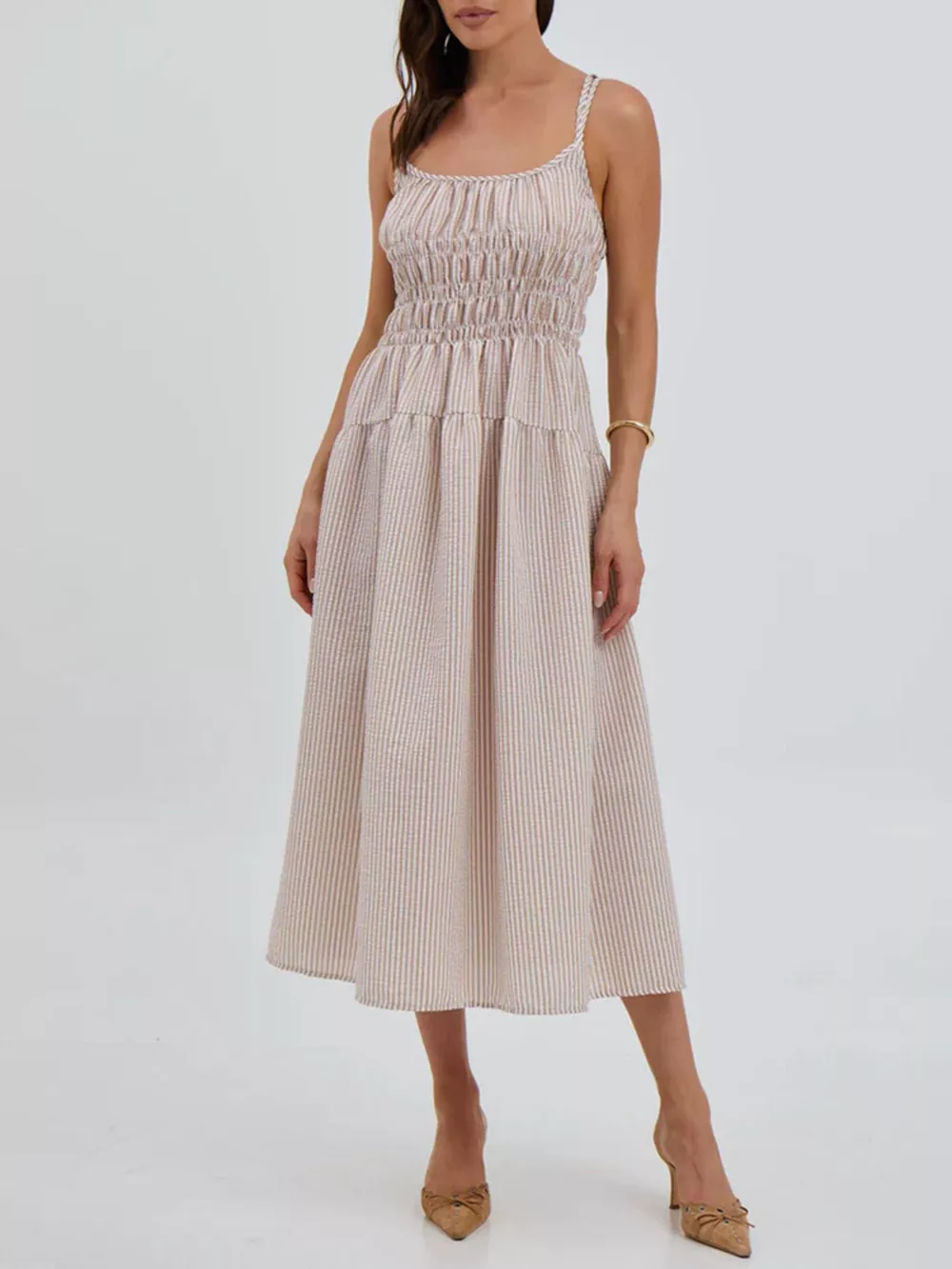 Striped Smocked Bodice Midi Dress, image 2