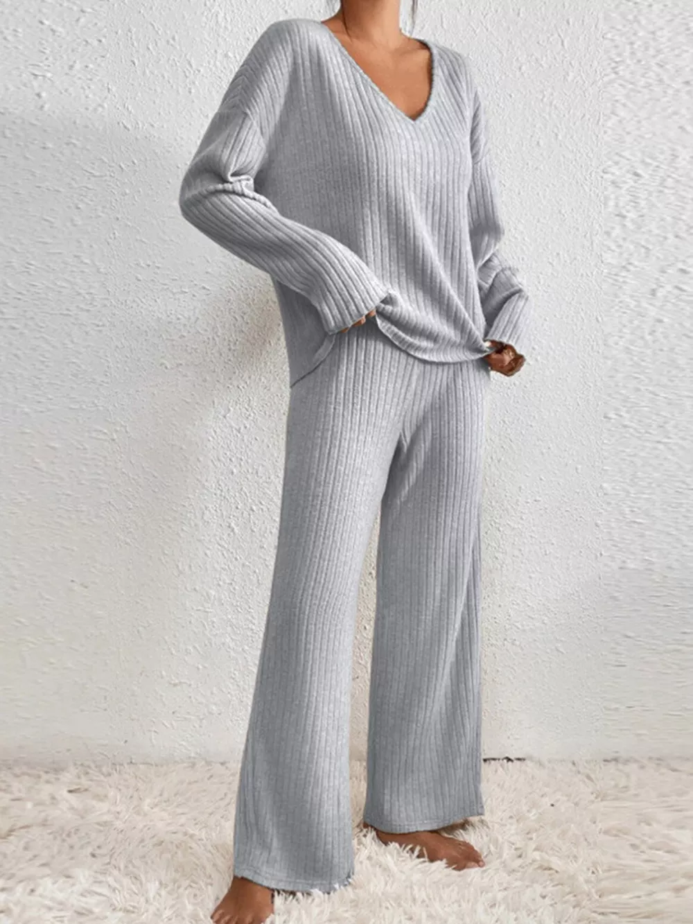 Ribbed Knit V-Neck Top and Pants Set, image 15