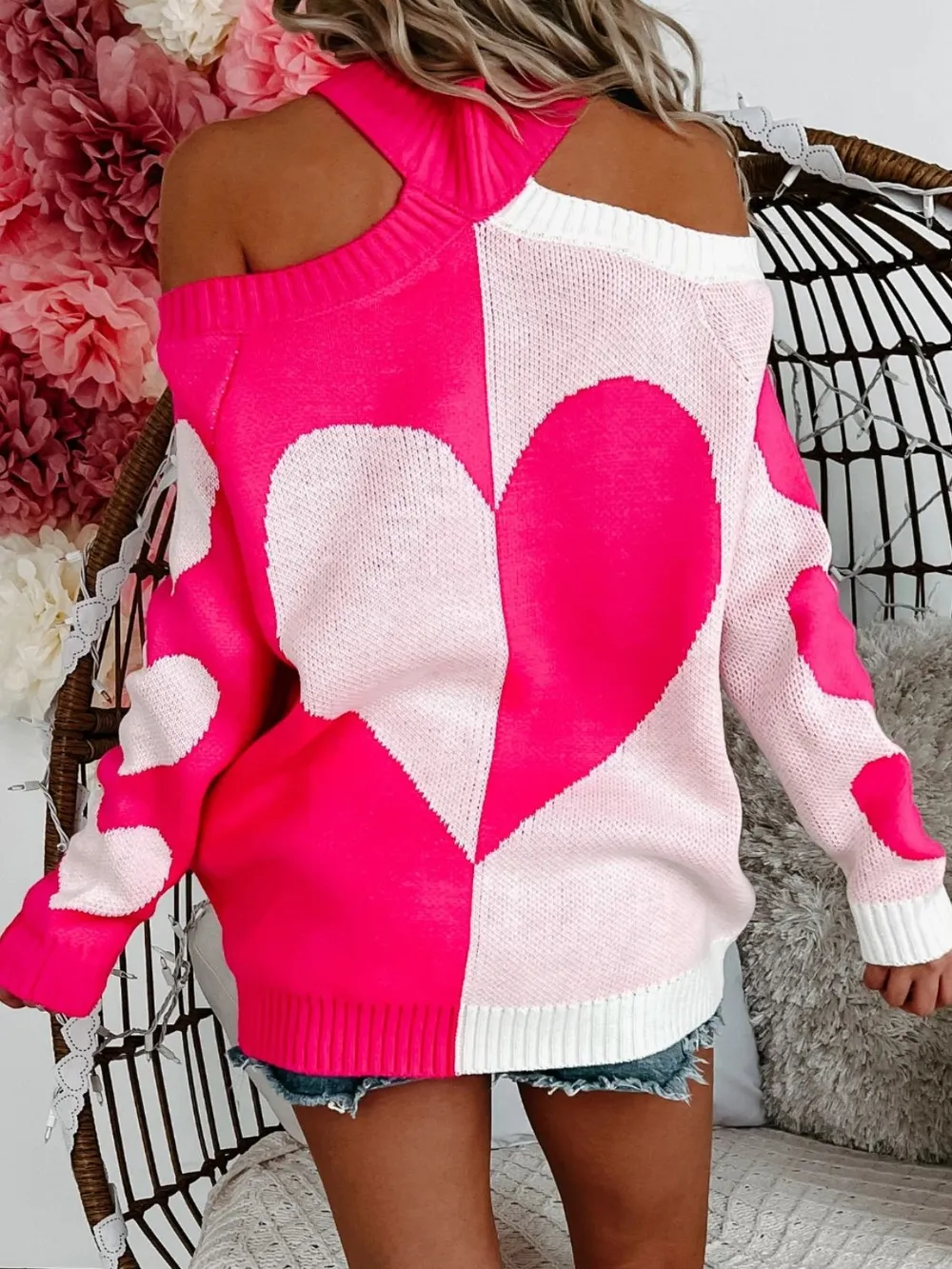 Valentine's Day Heart Turtleneck Cold Shoulder Sweater, image 6
