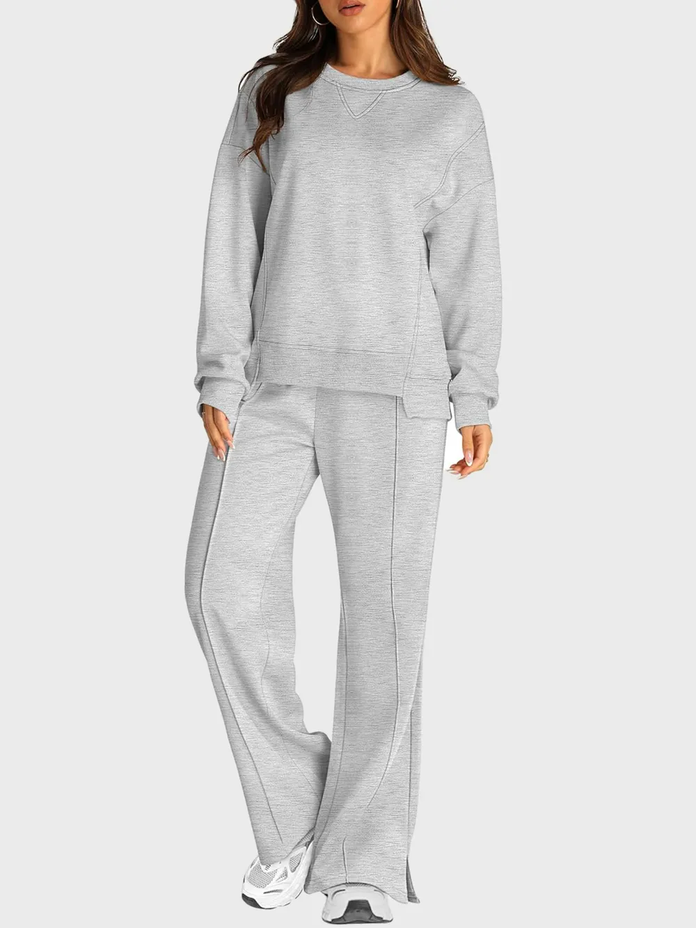 Round Neck Long Sleeve Top and Slit Pants Set, image 23
