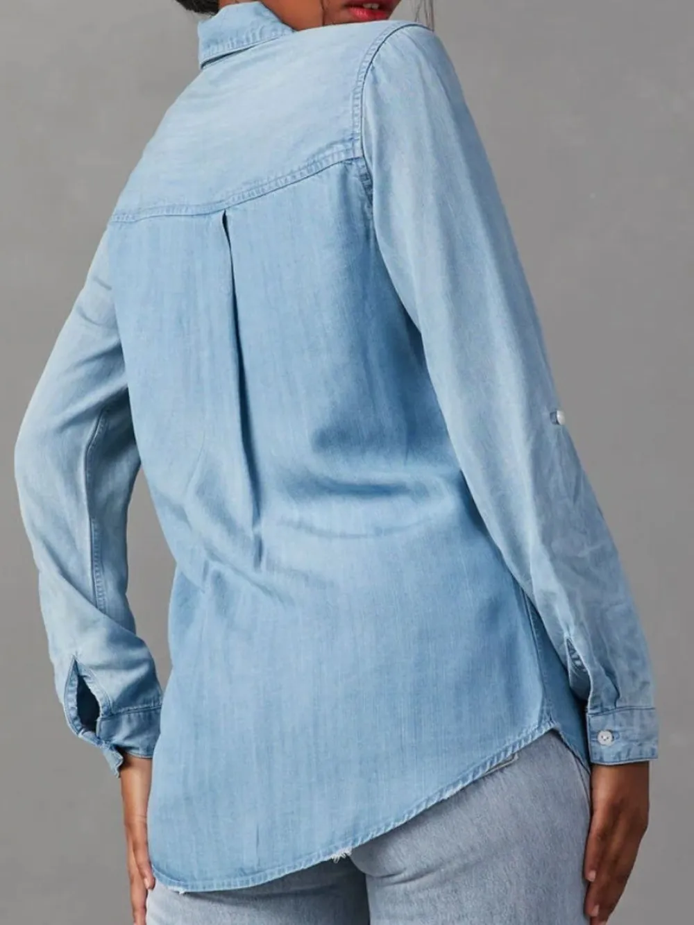 Collared Neck Roll-Tab Sleeve Denim Top, image 11