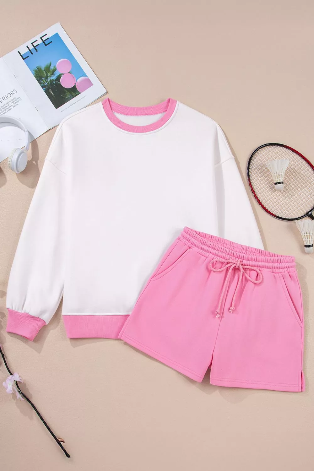 Color Block Sweatshirt and Elastic Waist Shorts Set, image 11