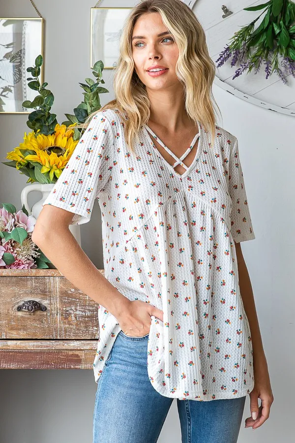 Full Size Crisscross Ditsy Floral Babydoll Top Plus Size, image 9