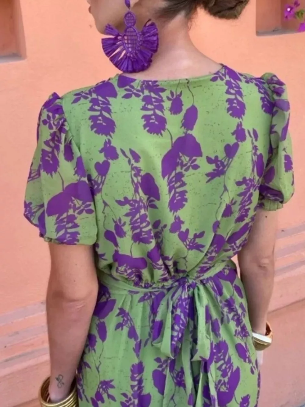 Full Size V-Neck Puff Sleeve Floral Print Dress Plus Size, image 2