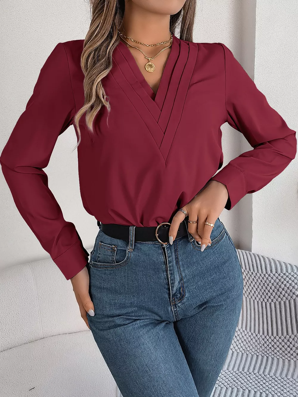 Layered V-Neck Long Sleeve Blouse, image 29