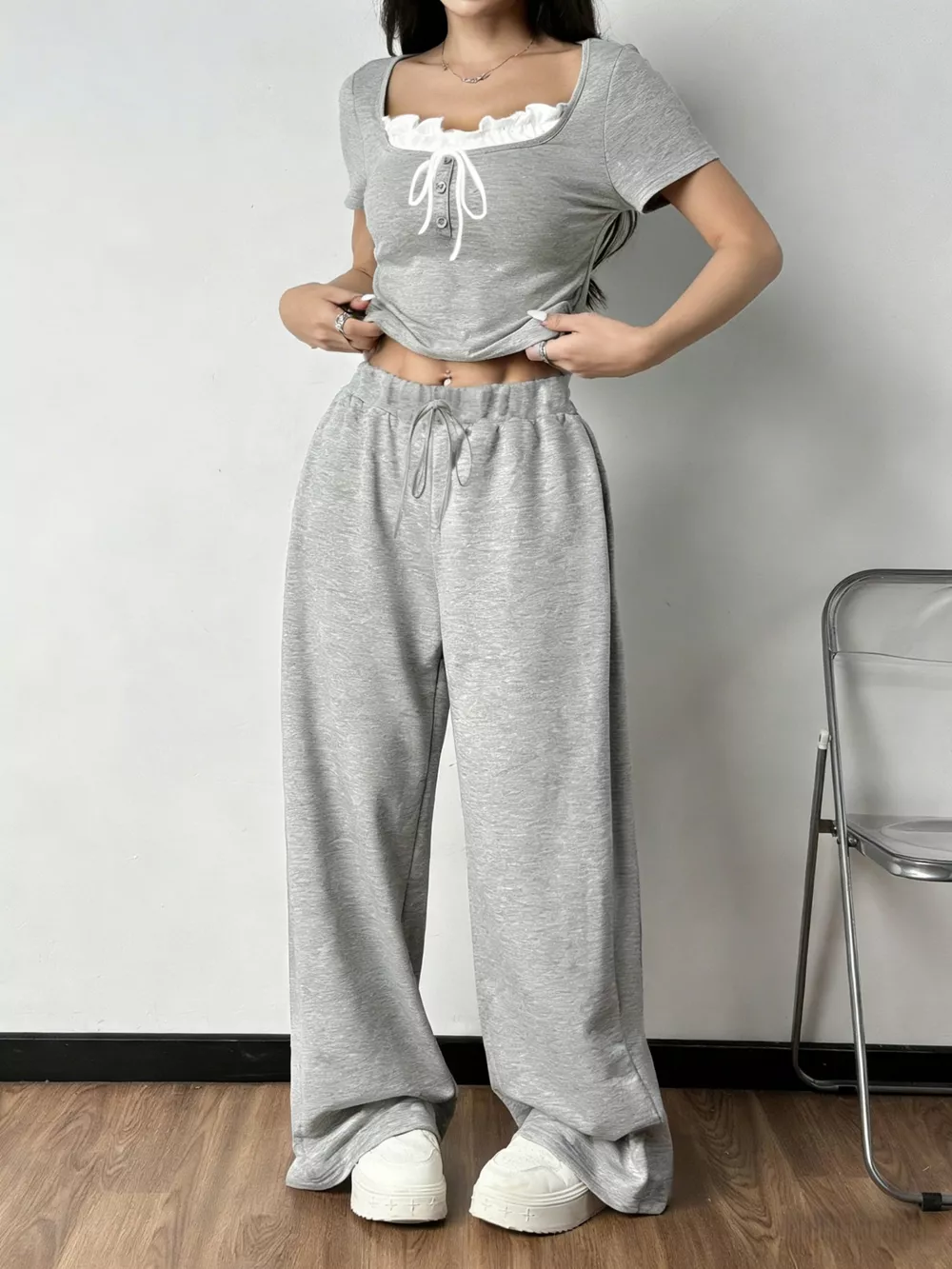 Tie Front Short Sleeve Top and Pants Set