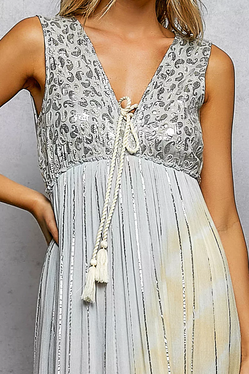POL Deep V Sleeveless Cotton Bohemian Tiered Maxi Dress, image 6