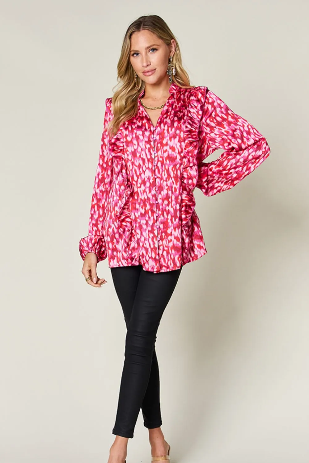 Full Size Printed Ruffle Trim Balloon Sleeve Shirt, image 21
