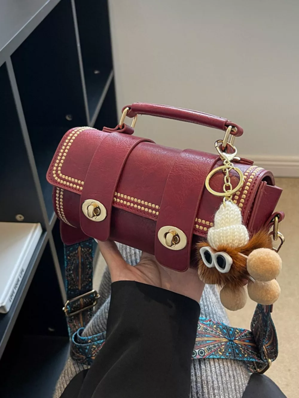 Vintage Barrel Crossbody Bag with Charm, image 4