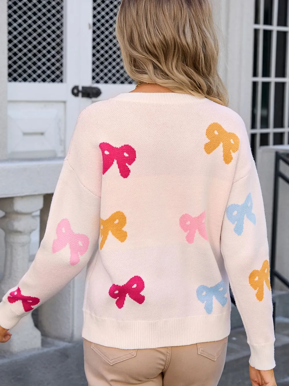 Bow Graphic Round Neck Long Sleeve Sweater, image 3