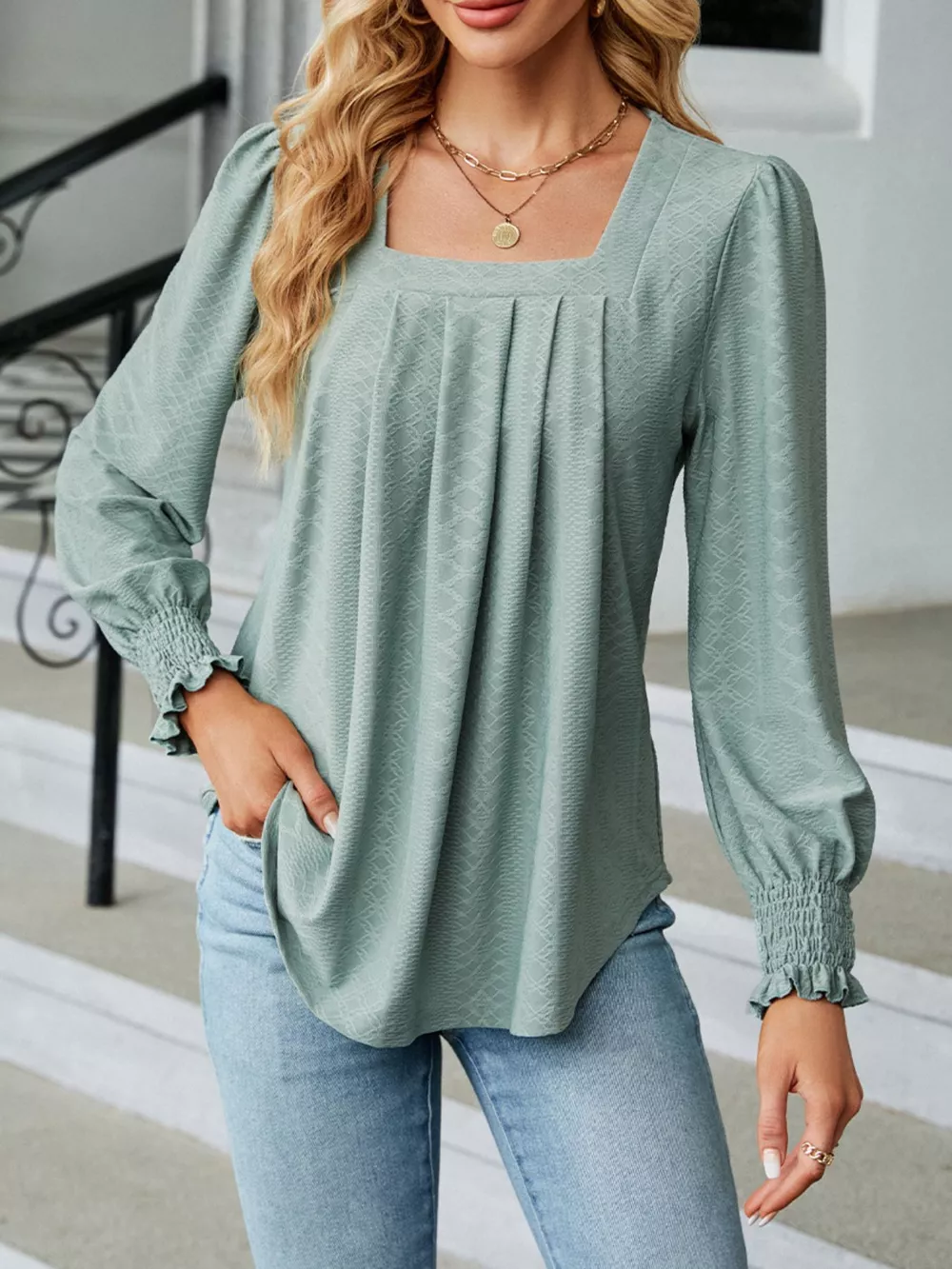 Pleated Square Neck Long Sleeve Top, image 2