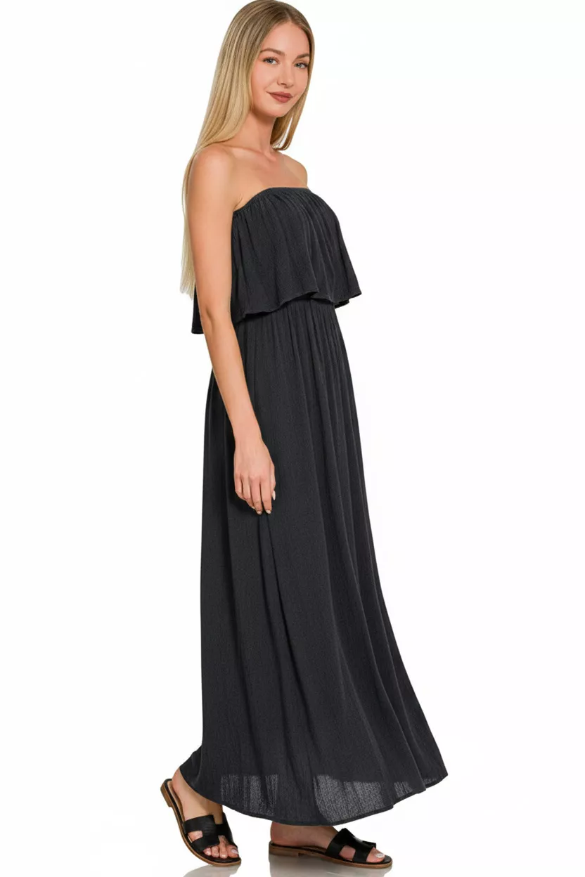 Woven Crinkle Strapless Maxi Dress, image 3