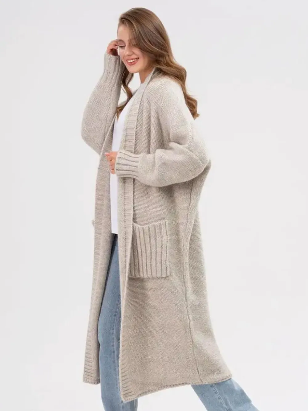 Pocketed Open Front Long Sleeve Longline Cardigan, image 6