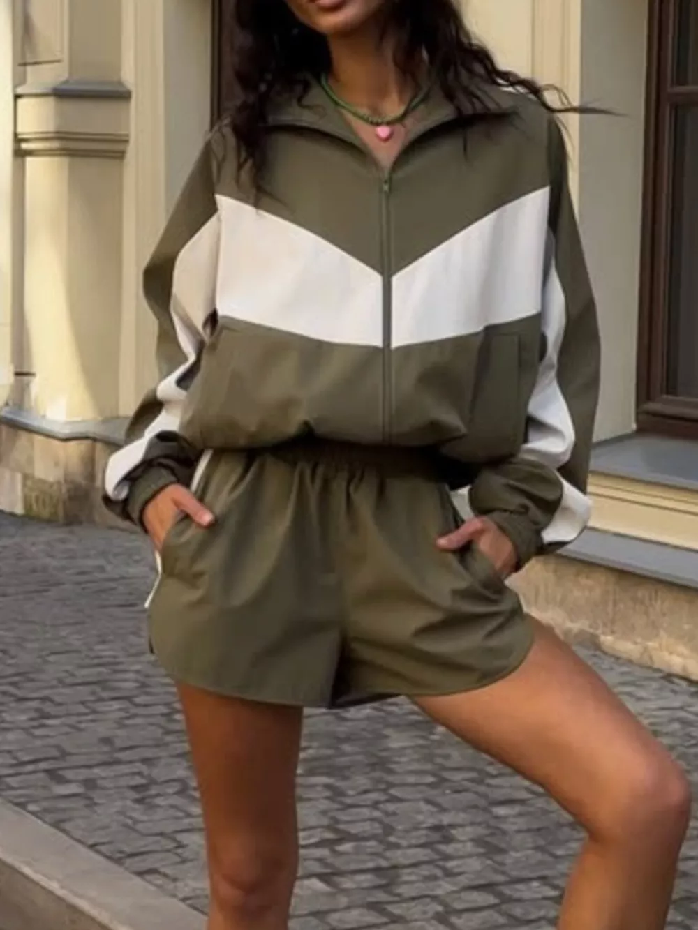 Color-Block Zip-Up Jacket and Shorts Set, image 14