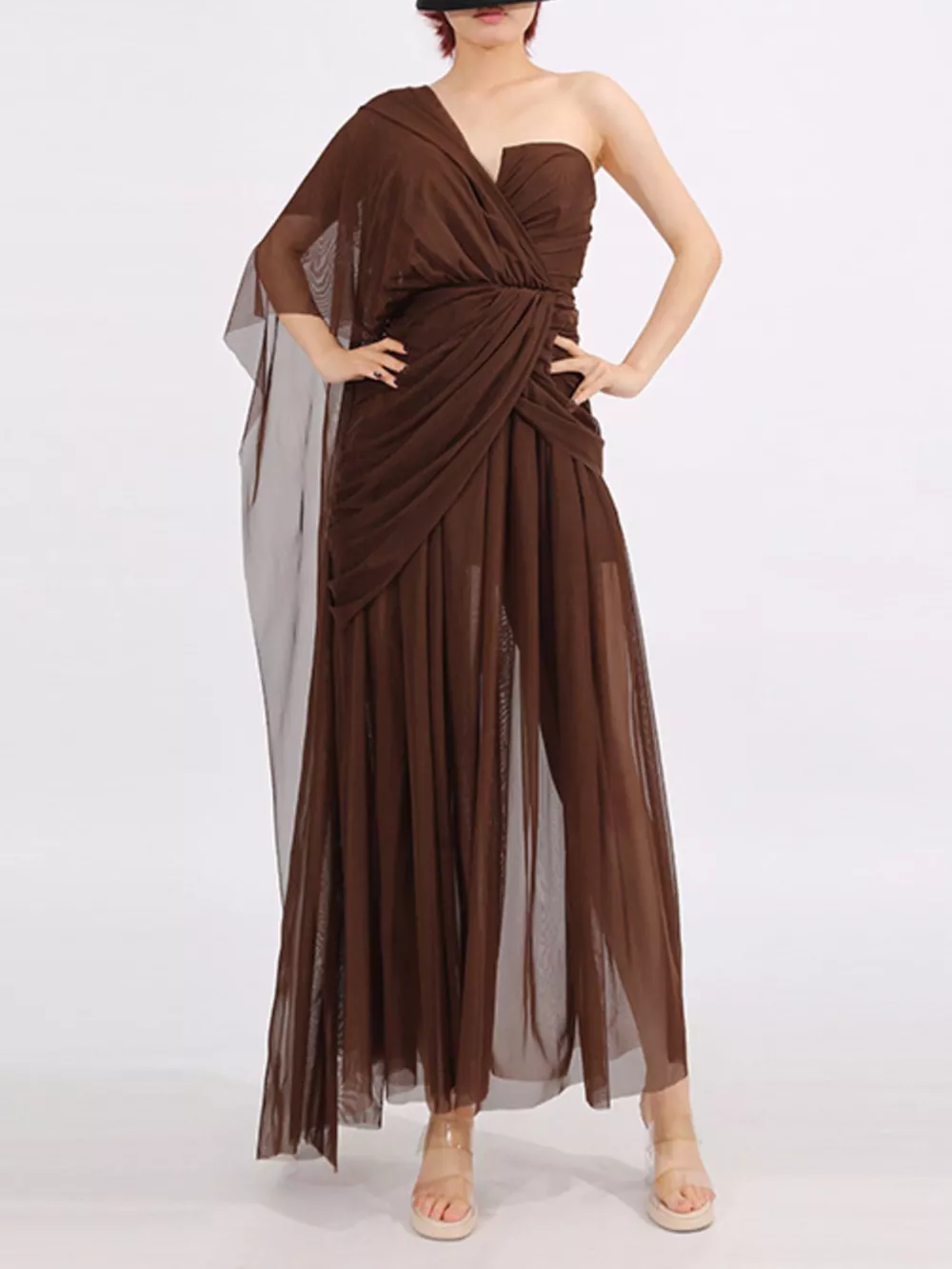 One-Shoulder Flowy Mesh Dress
