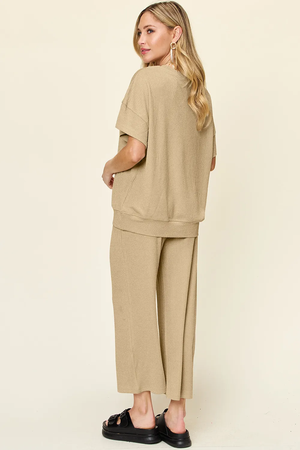 Full Size Texture Round Neck Short Sleeve T-Shirt and Wide Leg Pants, image 26
