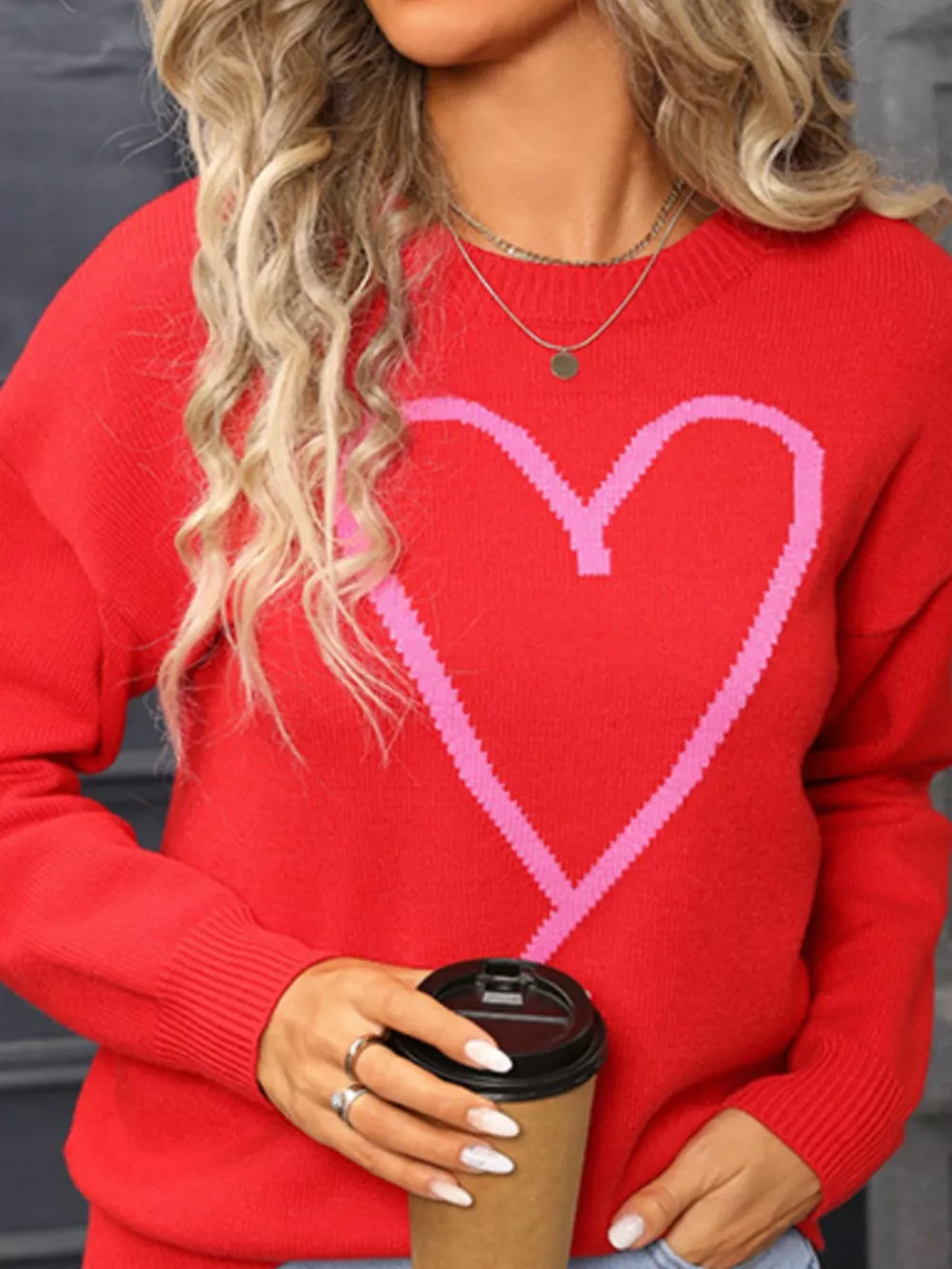 Valentine's Day Heart Graphic Dropped Shoulder Sweater, image 18