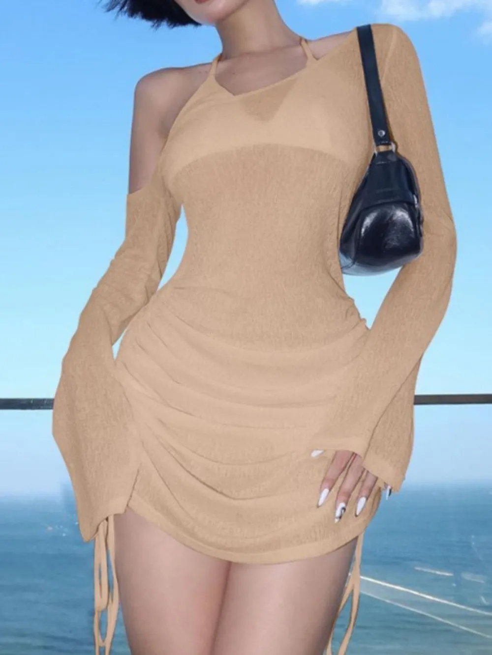 One-Shoulder Bell Sleeve Ruched Mini Cover-Up Dress, image 15