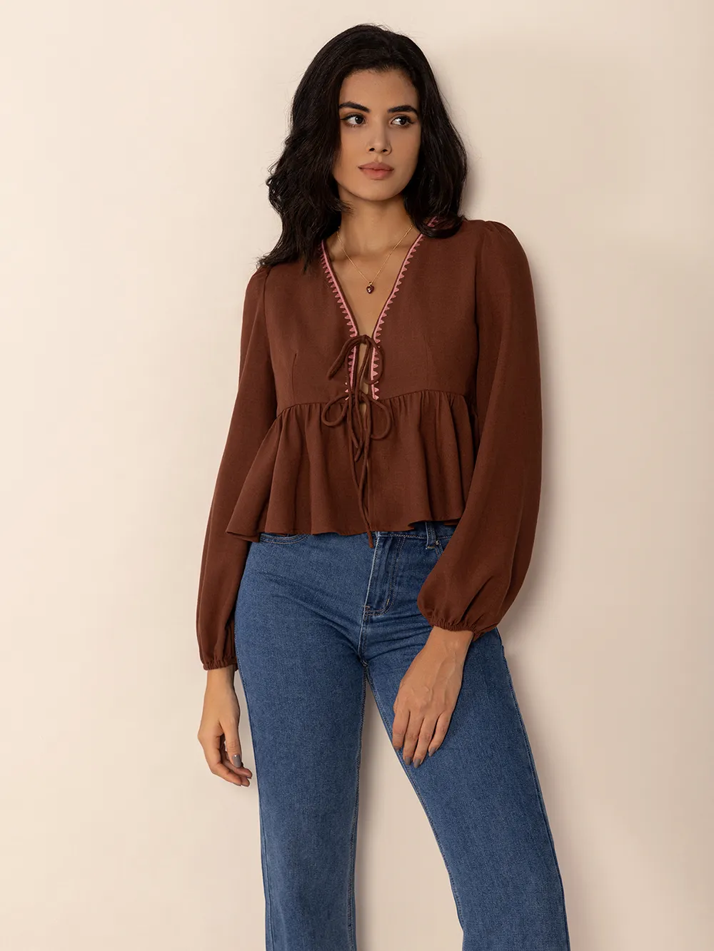 Peplum Tied V-Neck Long Sleeve Blouse, image 8