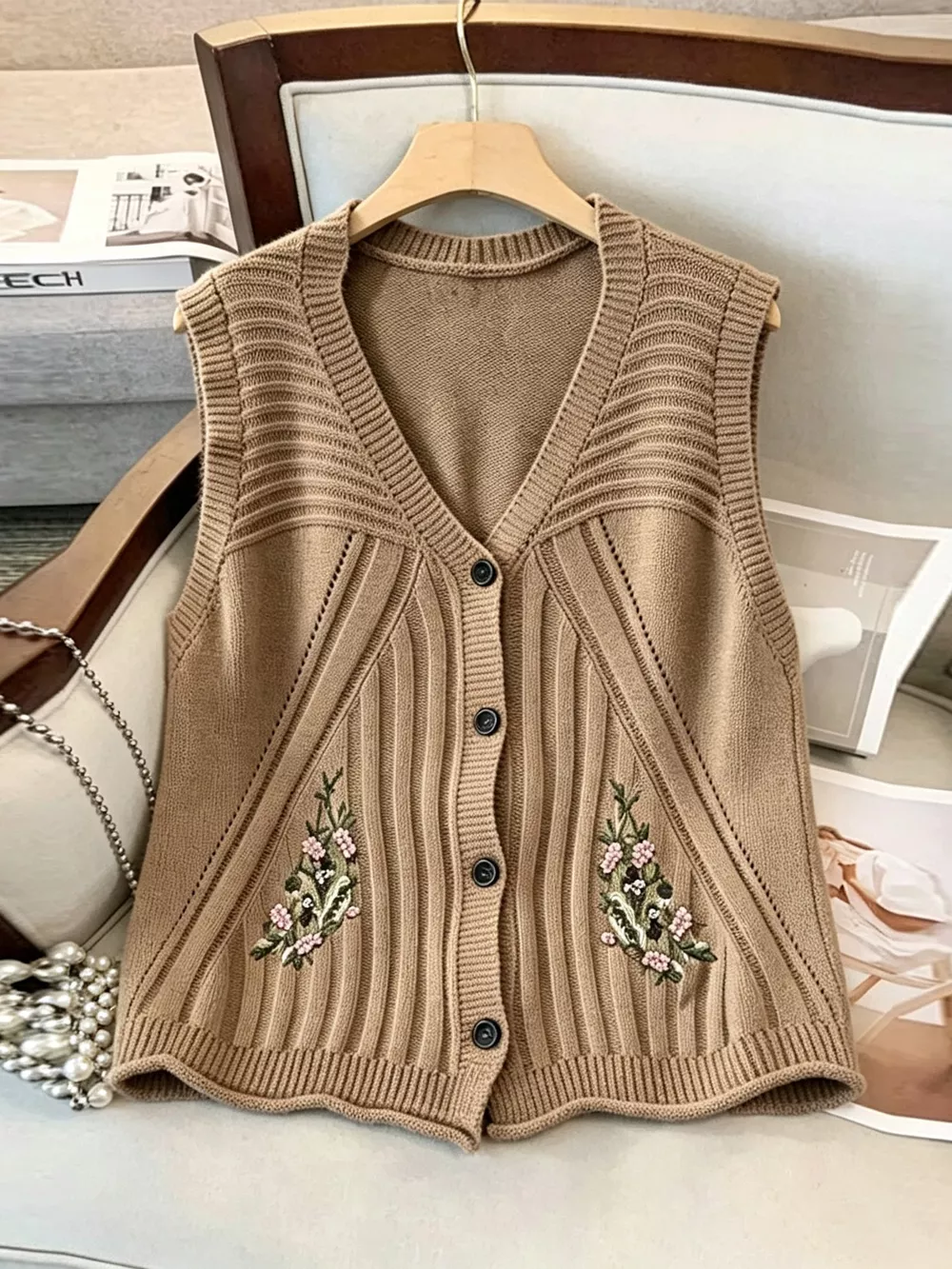 Floral Embroidered V-Neck Button-Down Sweater Vest, image 8