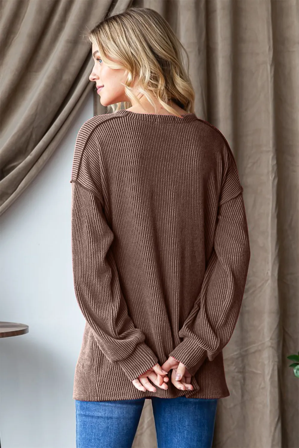 Ribbed Exposed Seam Long Sleeve T-Shirt, image 2